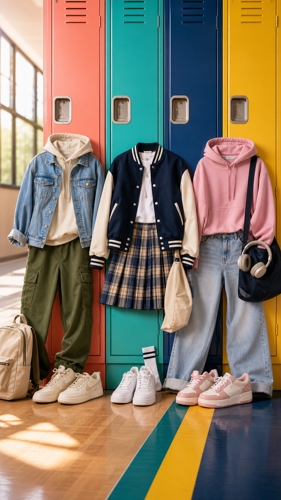 Campus outfit flat lays and sneakers by colorful lockers